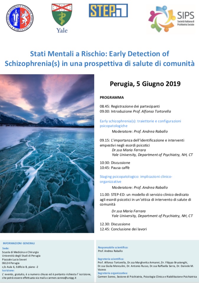 "Stati Mentali a Rischio: Early Detection of Schizophrenia(s) in una prospettiva di salute di comunità" - Perugia, 5 Giugno 2019