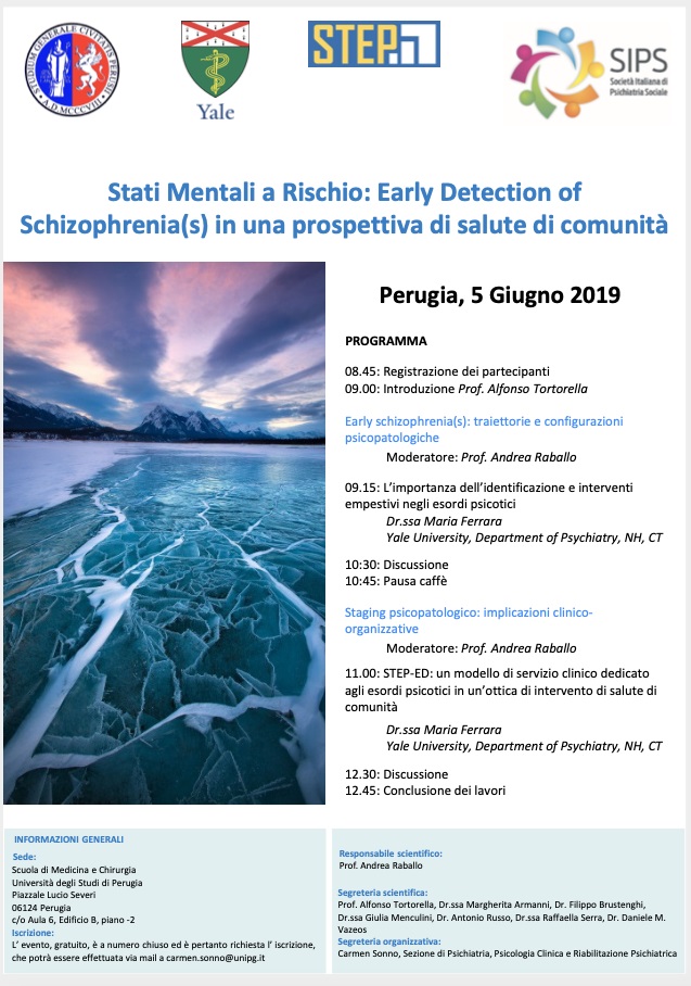 Perugia, 5 giugno 2019 - Stati Mentali a Rischio: Early Detection of Schizophrenia(s) in una prospettiva di salute di comunità